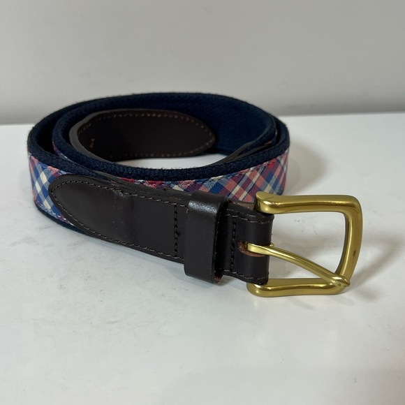 Men's Vineyard Vines Size 32 Plaid Leather Belt with Gold Buckle - Picture 2 of 10